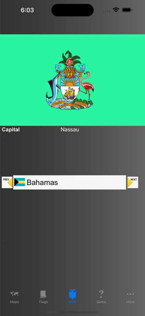 Country Flags, Maps, Capitals - Mobile app screen showing the coat of arms and capital Nassau of the Bahamas