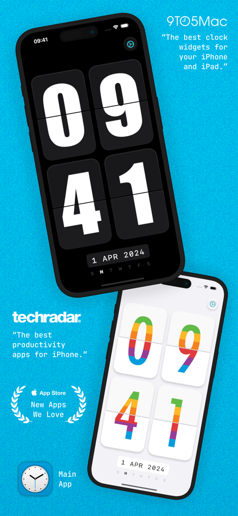 McClockface – Flip Clock - Two iPhones showcasing classic black and rainbow colored flip clock widgets from the McClockface app.