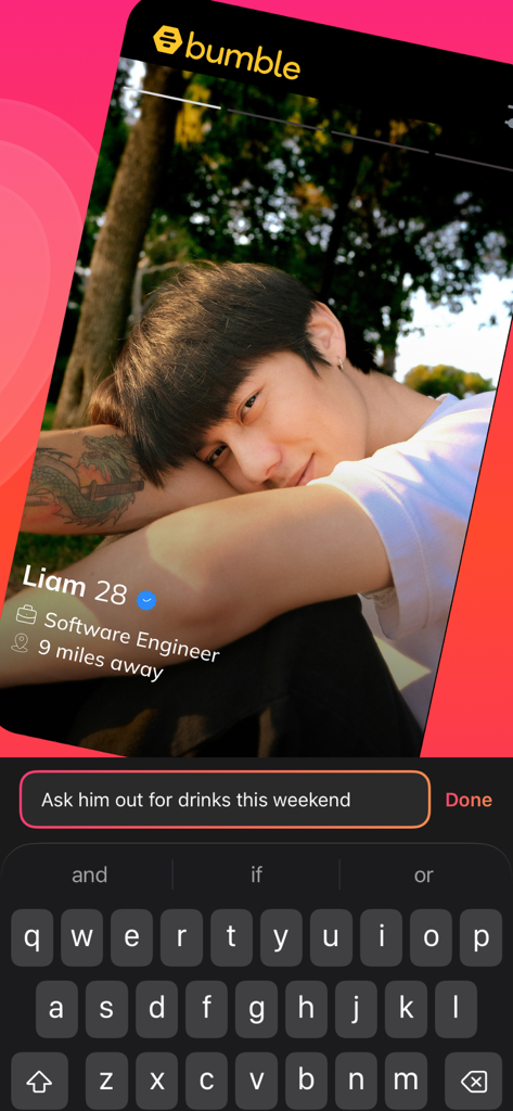 Loverzz + - Loverzz Plus app interface showing an AI wingman prompt to ask a date for drinks on a Bumble profile.