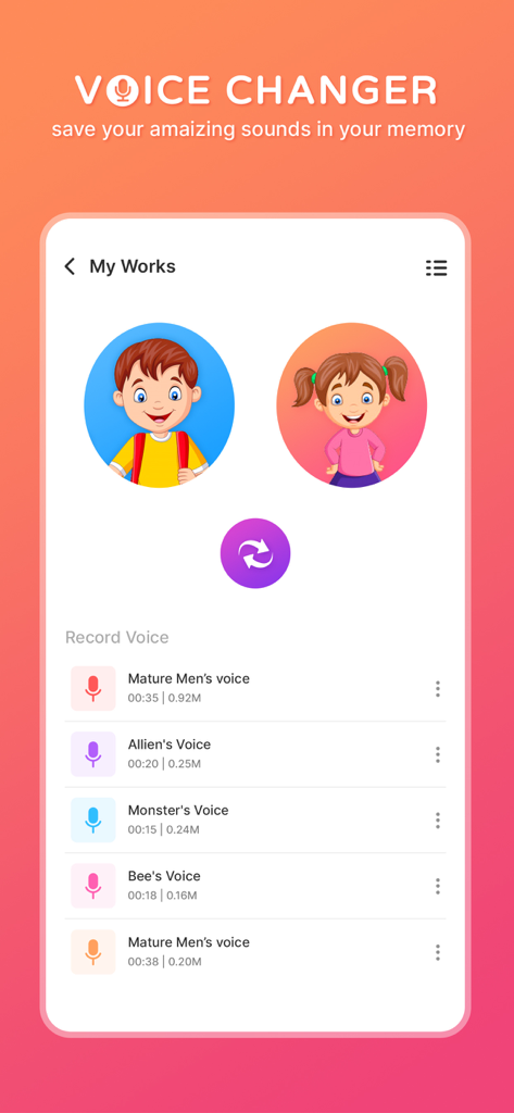 Voice Changer - Voice Effect - A screen showing saved voice recordings with various effects like Alien and Monster in the Voice Changer app