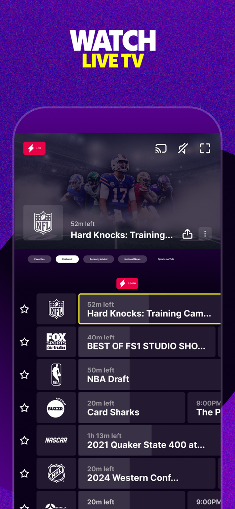 Tubi app interface displaying live sports channels and TV guide
