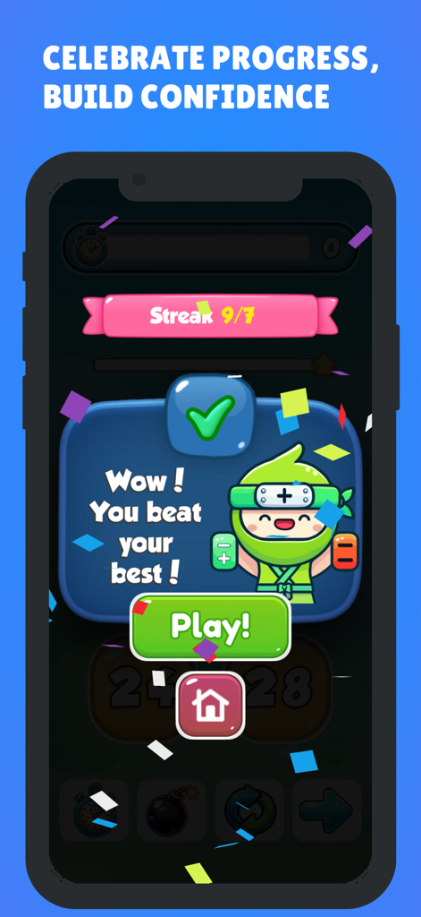 Ein farbenfroher Siegerbildschirm in der Math Ninja Dojo App, der die Fortschritte eines Kindes mit Konfetti und einer niedlichen Ninja-Figur feiert.