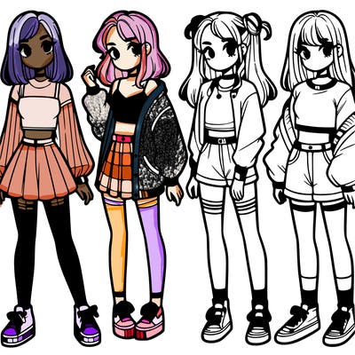 one girl with crop-top shirt and a jacket with a skirt, long socks and another girl with a shirt and pants with a jacket