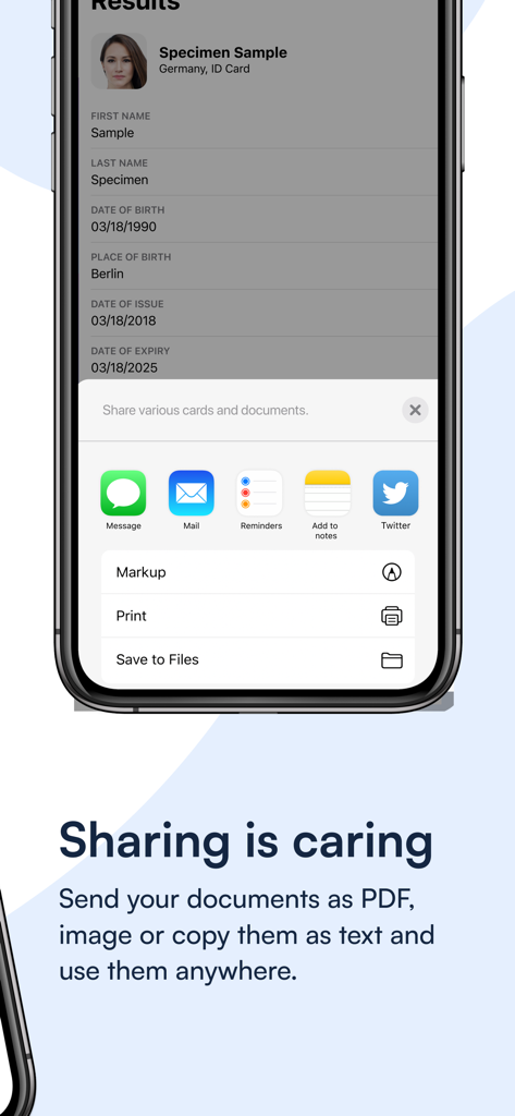 IDSafe app screen showing options to share a scanned identity document via email or messaging