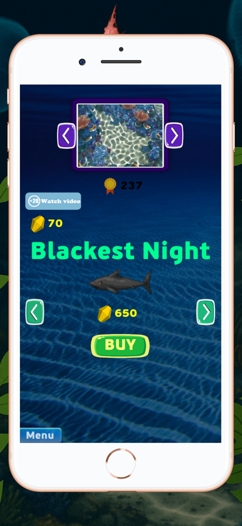 A screenshot of the Shark World game menu showing the Blackest Night shark available to buy for 650 coins