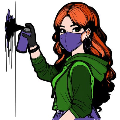 realistic girl with mask spray painting a wall