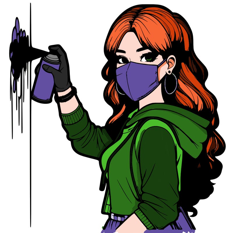 realistic girl with mask spray painting a wall