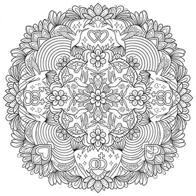 Immerse yourself in this beautiful Hummingbird Mandala, specially designed to celebrate Pride Month. Its intricate patterns intertwine delicate hummingbirds with symbols of love, equality, and joy, offering a vibrant coloring experience.