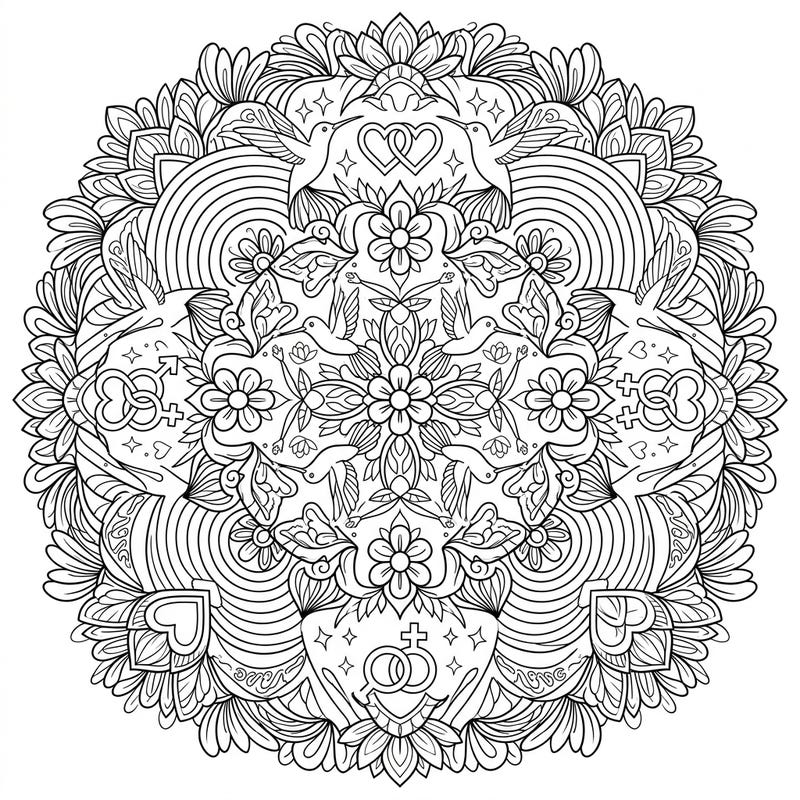 Immerse yourself in this beautiful Hummingbird Mandala, specially designed to celebrate Pride Month. Its intricate patterns intertwine delicate hummingbirds with symbols of love, equality, and joy, offering a vibrant coloring experience.