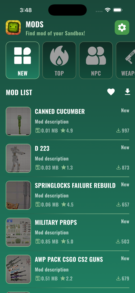 Mods for melon PG! - Interface of the Mods for melon PG app showing a list of downloadable items including military props and weapon packs