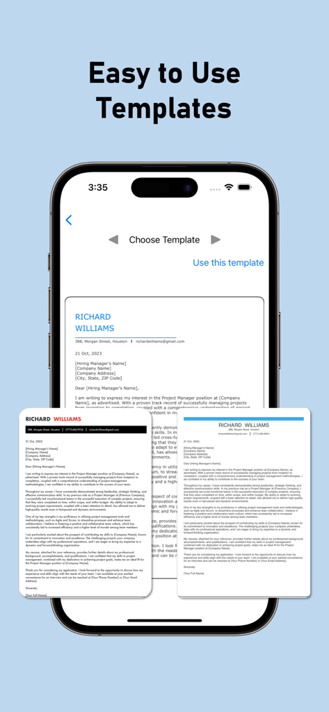 Cover Letter Creator with AI - Modelli di lettere di presentazione professionali visualizzati sullo schermo di uno smartphone