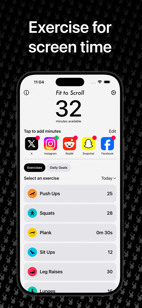 Interface de l'application Fit to Scroll montrant les minutes de temps d'écran disponibles et une liste d'exercices comme les pompes et les squats pour en gagner plus.