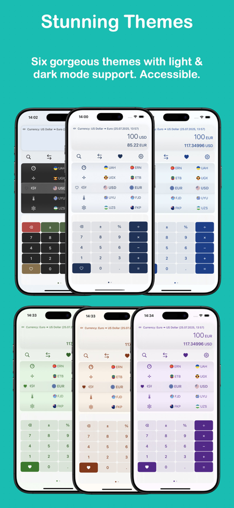 Measures Unit Converter - Measures Unit Converter app interface shown in six different light and dark color themes on iPhone screens.