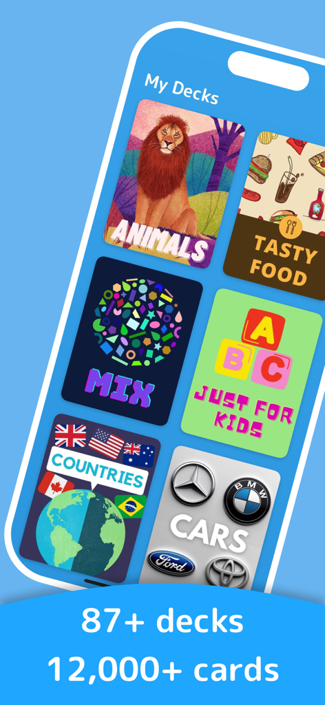 Charades - Family & Party Game - Menú de la aplicación Charades que muestra varias categorías de juegos como Animales, Comida Sabrosa y Solo para Niños con más de 87 mazos y 12,000 tarjetas disponibles.