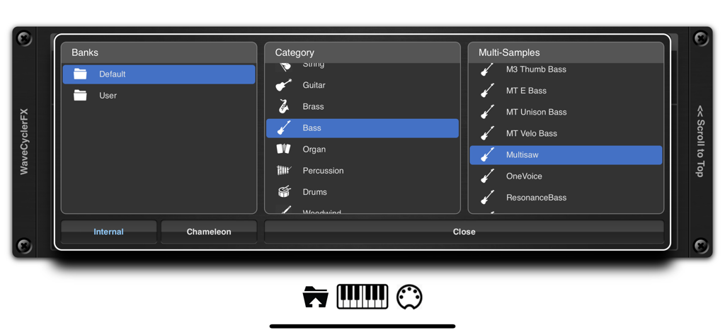 EvolverFX AUv3 Audio Plugin - EvolverFX sound browser showing banks, categories, and multi-samples selection