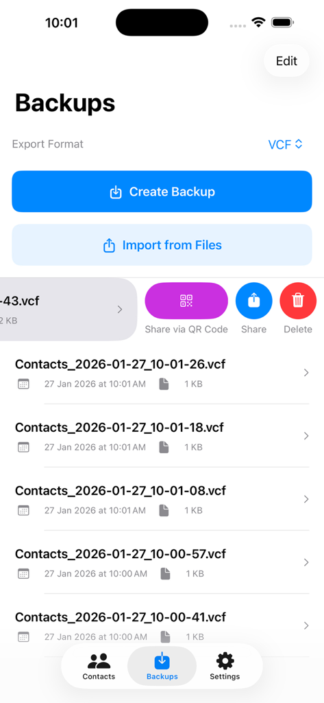 Der Sicherungsbildschirm zeigt eine Liste von Kontaktdaten und Optionen zum Erstellen oder Importieren von Daten an
