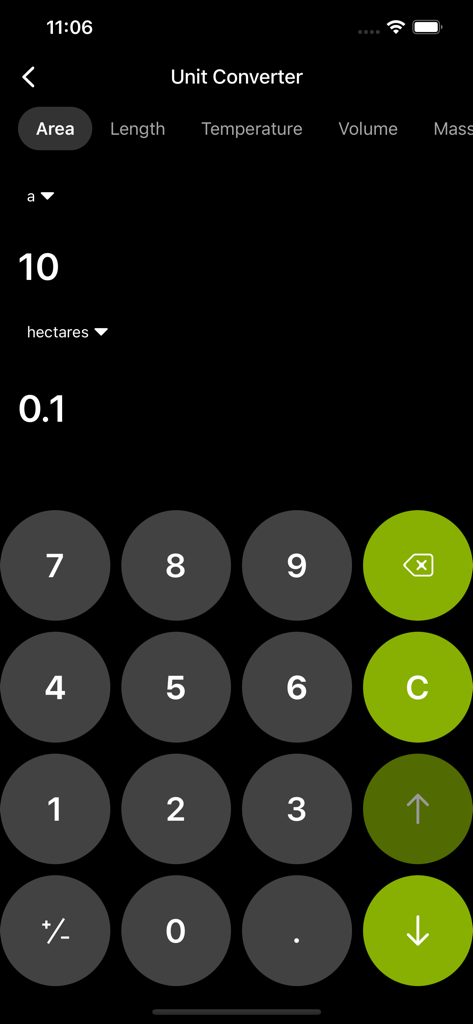 Calculator With History ™ - Tela do conversor de unidades dentro do aplicativo Calculadora Com Histórico mostrando uma conversão de 10 ares para 0,1 hectares em modo escuro.