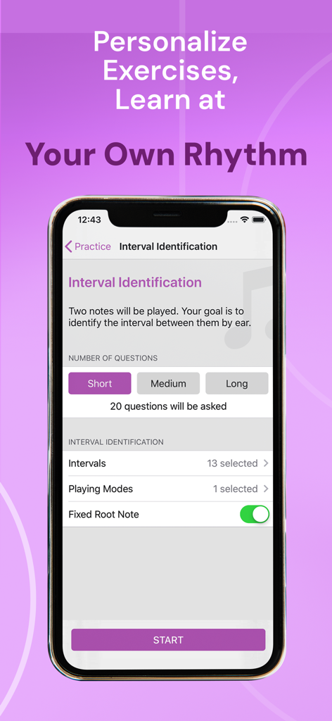 Earpeggio - Earpeggio app screen showing customization options for interval identification music exercises.