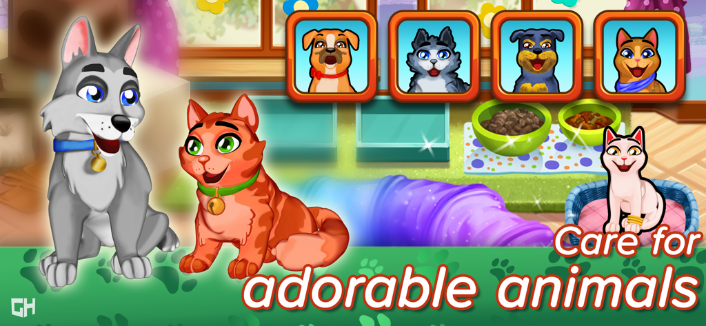 Jugabilidad de Dr. Cares Family Practice mostrando lindos gatos y perros con el texto Cuida de animales adorables