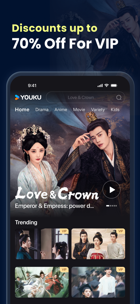 YOUKU-Drama, Film, Show, Anime - YOUKU app home screen showing a 70 percent VIP discount and trending Chinese period dramas