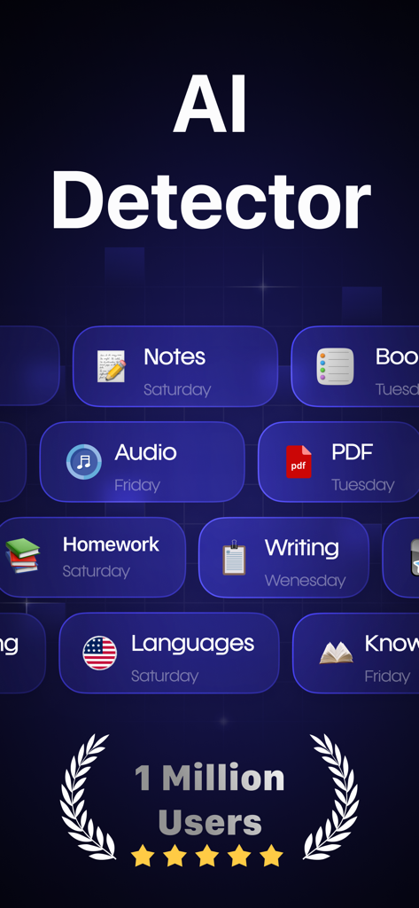 AI Detector - Analyzer - Écran principal de l'application AI Detector montrant des catégories de contenu comme Audio et PDF avec une note de cinq étoiles et un badge d'un million d'utilisateurs
