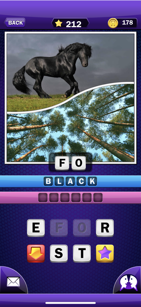 Just 2 Words - A word puzzle level from Just 2 Words showing a black horse and a forest to solve the phrase Black Forest