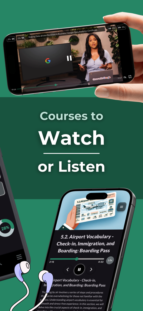 Cursa - Learn anything - Un'interfaccia mobile per Cursa che mostra opzioni per guardare corsi video e ascoltare lezioni audio su uno smartphone.