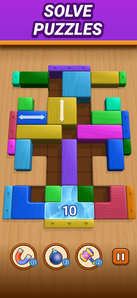 Brick Escape: Block Puzzle - Gameplay screenshot of Brick Escape showing a colorful wooden block puzzle with power-up tools like a magnet bomb and hammer