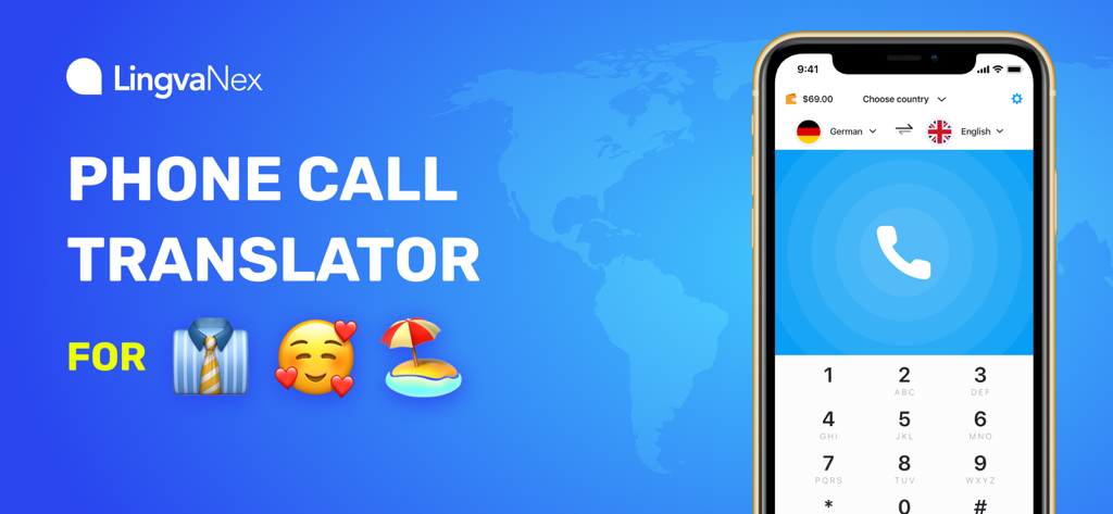 Telefonanruf-Übersetzer App-Oberfläche von LingvaNex mit Wähltastatur und Sprachauswahl für Echtzeit-Übersetzung bei Anrufen