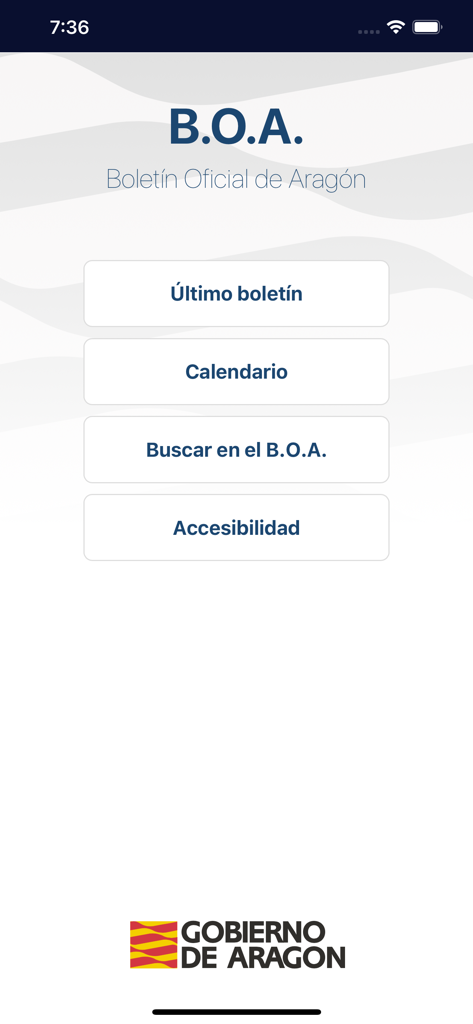 Boletín Oficial de Aragón-BOA - Home screen of the Boletin Oficial de Aragon app with buttons for latest bulletin calendar and search