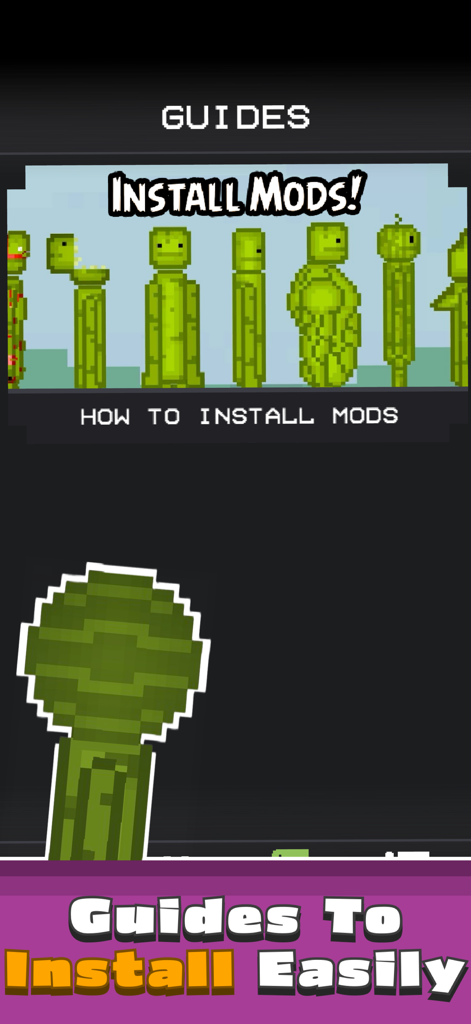 FruitMod: Melon Ragdoll Mods - Schermata dell'app FruitMod che mostra guide semplici per installare mod ragdoll per Melon con personaggi pixelati