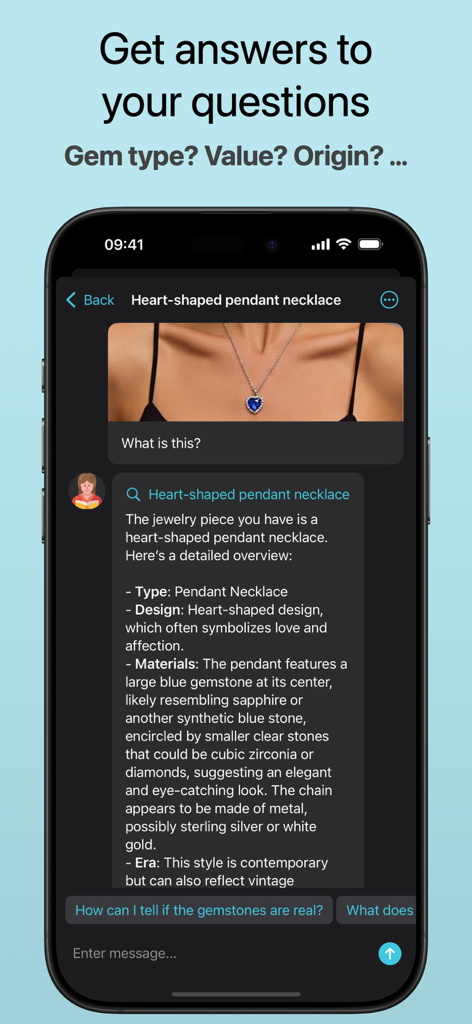 Jewelry Identifier - AI Scan - AI jewelry identification app showing analysis of a blue gemstone pendant necklace