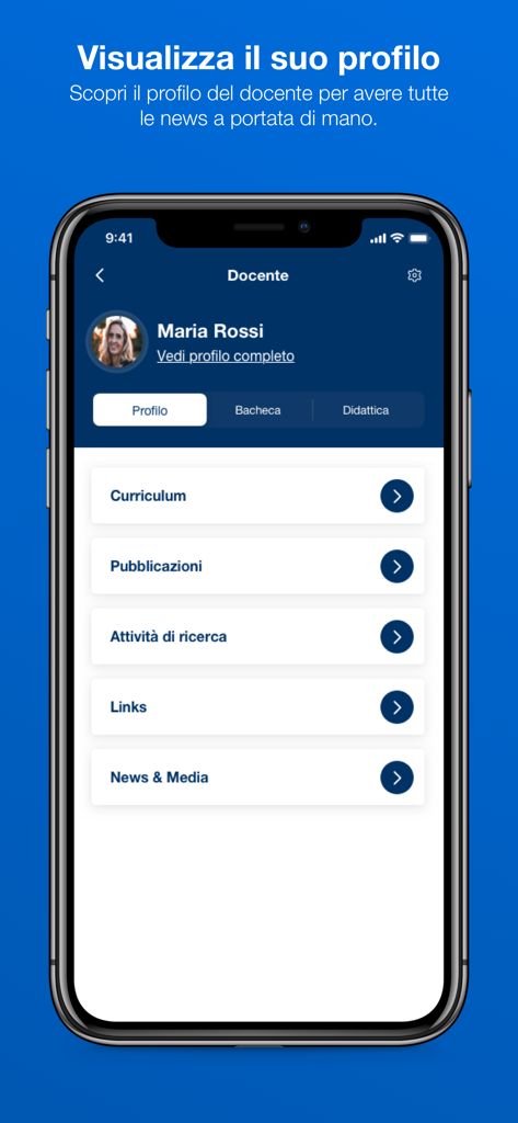 Docenti UNINA - Pagina del profilo di un professore nell'app Docenti UNINA che mostra sezioni per curriculum e attività di ricerca.