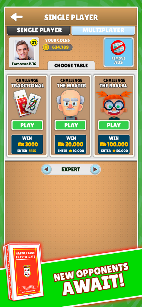 Asso Piglia Tutto Dal Negro - Tela de seleção de modo single player mostrando diferentes mesas de desafio e baralhos de cartas