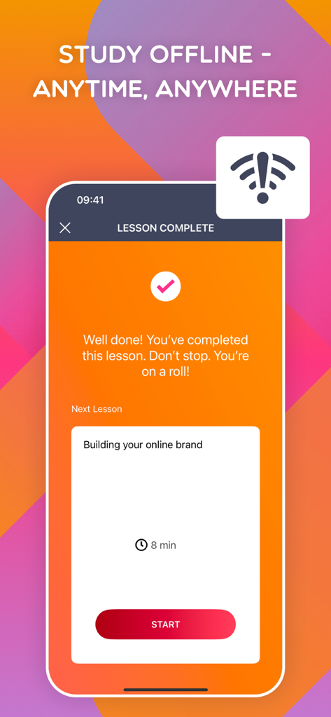 eLearning Courses: HerVenture - HerVenture mobile app screen showing a completed business lesson and an offline learning prompt