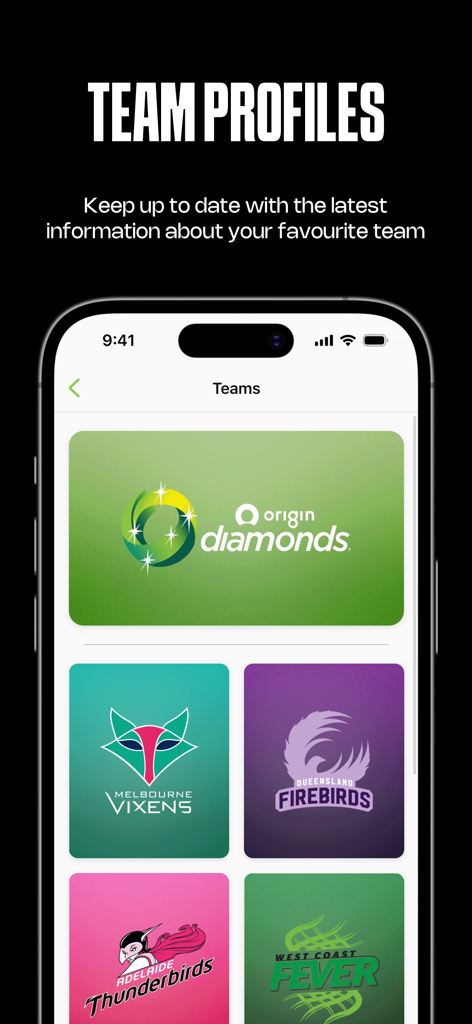 Pantalla de la app Netball Live que muestra perfiles de equipos profesionales, incluidos Origin Diamonds y Melbourne Vixens