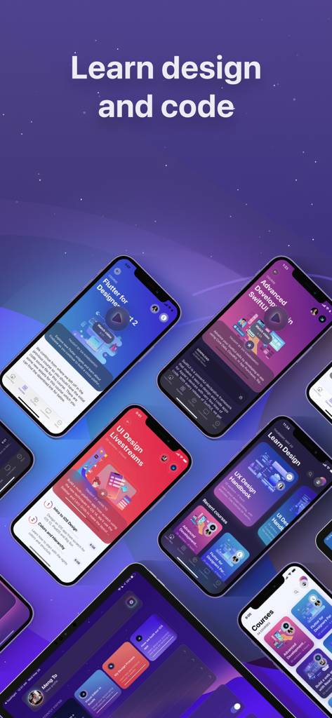 Design+Code - Design+Code 앱의 UI 디자인 및 코딩 강좌를 보여주는 여러 모바일 기기 화면