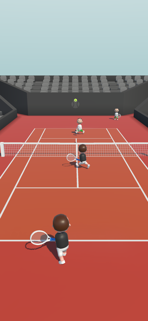 Twin Tennis - Capture d'écran de gameplay de Twin Tennis montrant un match de double sur un court en terre battue rouge.