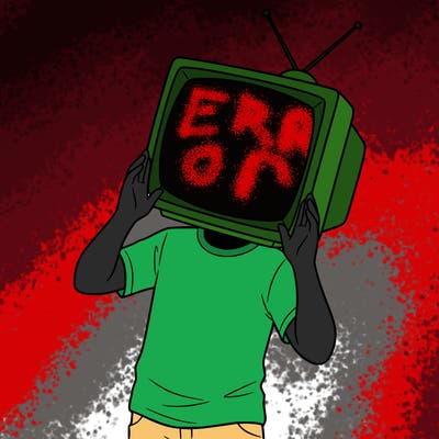 a boy with a square tv head with his hands trying to cover the screen