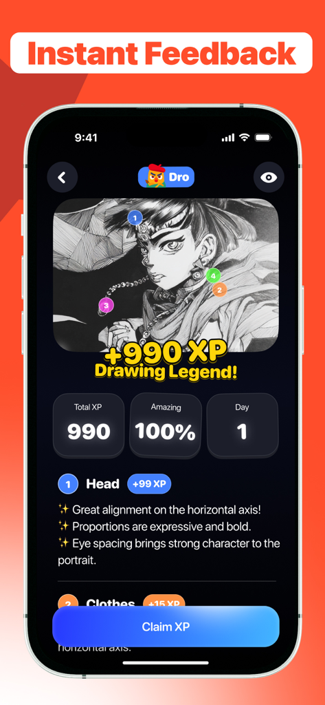 Dro: Learn How to Draw & Focus - A screenshot of the Dro app interface showing instant drawing feedback with a character sketch, XP rewards, and performance analysis.