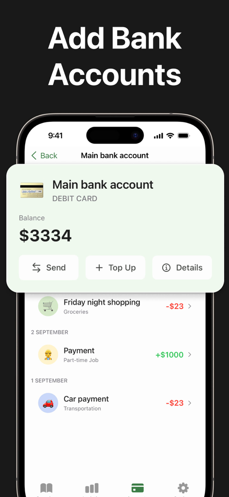 Budget Planner and Trackerㅤ - Interface of the Budget Planner and Tracker app showing a main bank account balance and recent transaction history
