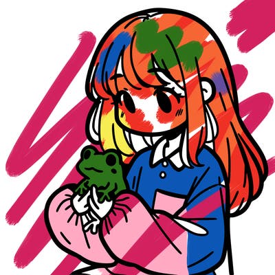 girl with long hair and a oversized shirt. and she is holding a frog