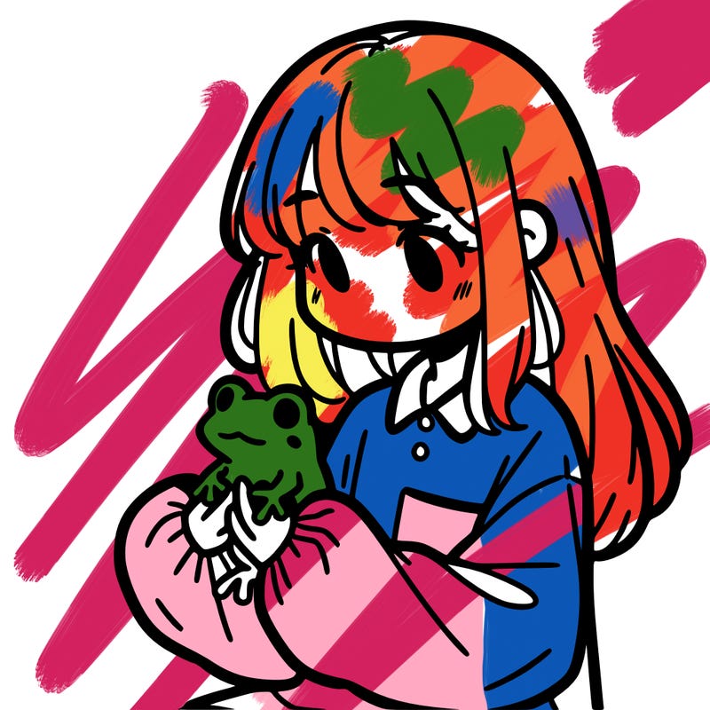 girl with long hair and a oversized shirt. and she is holding a frog