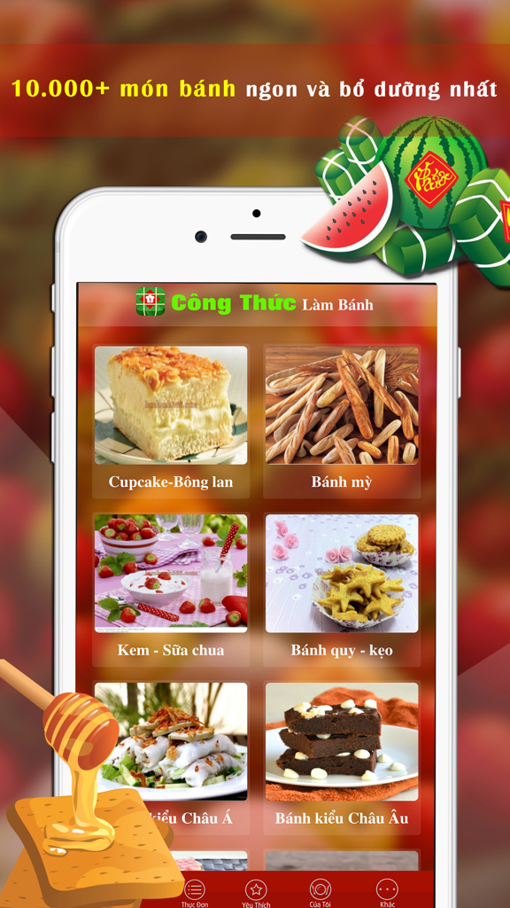 Công Thức Làm Bánh - Vietnamese cake recipe app showing categories for bread cupcakes and desserts