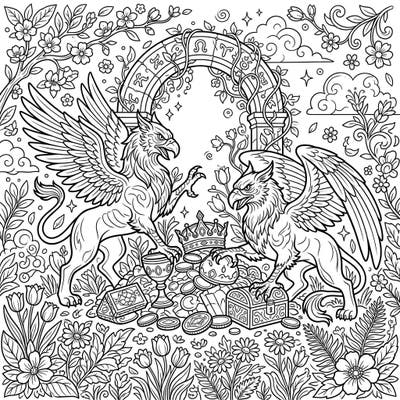 Protect ancient riches with these formidable Guardian Griffins nestled within a vibrant spring landscape. This intricate coloring page invites you to bring a mythical world bursting with blossoms and hidden wonders to life.