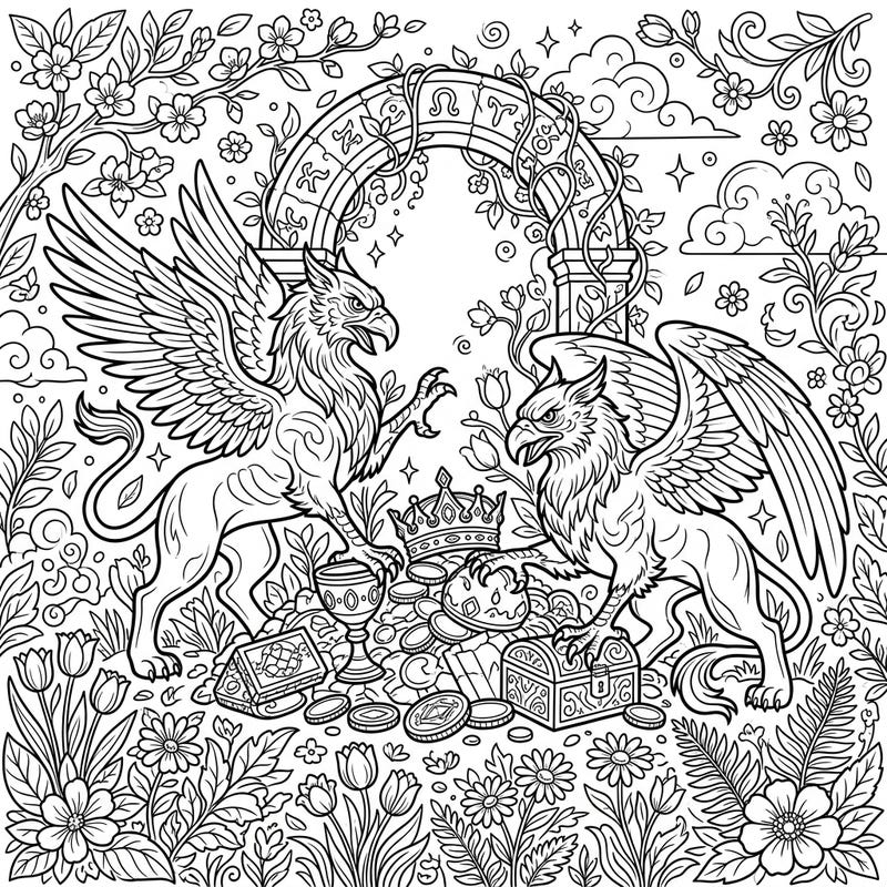 Protect ancient riches with these formidable Guardian Griffins nestled within a vibrant spring landscape. This intricate coloring page invites you to bring a mythical world bursting with blossoms and hidden wonders to life.