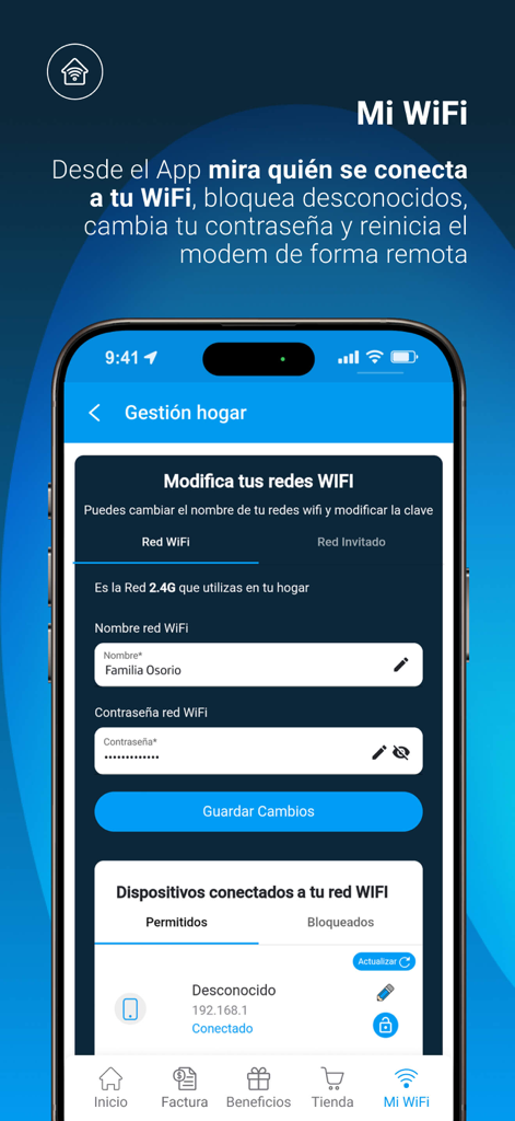 Interfaz de la aplicación Mi Movistar Colombia para control remoto de WiFi y gestión de dispositivos.
