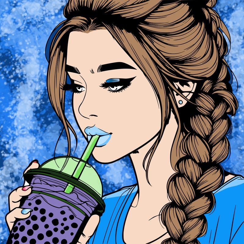 realistic girl drinking boba tea with braided hair