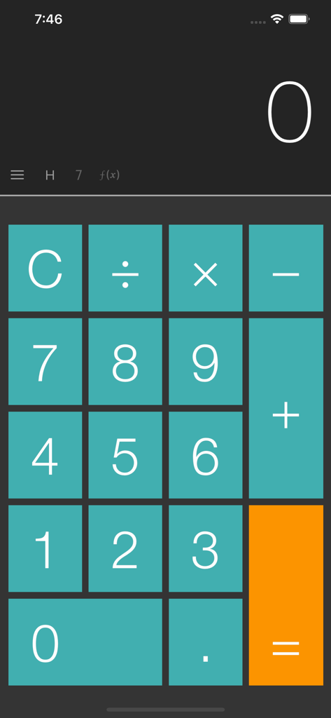 Calcy - Calculator App - Main interface of the Calcy calculator app featuring a minimalist design with teal buttons and a prominent orange equals sign.