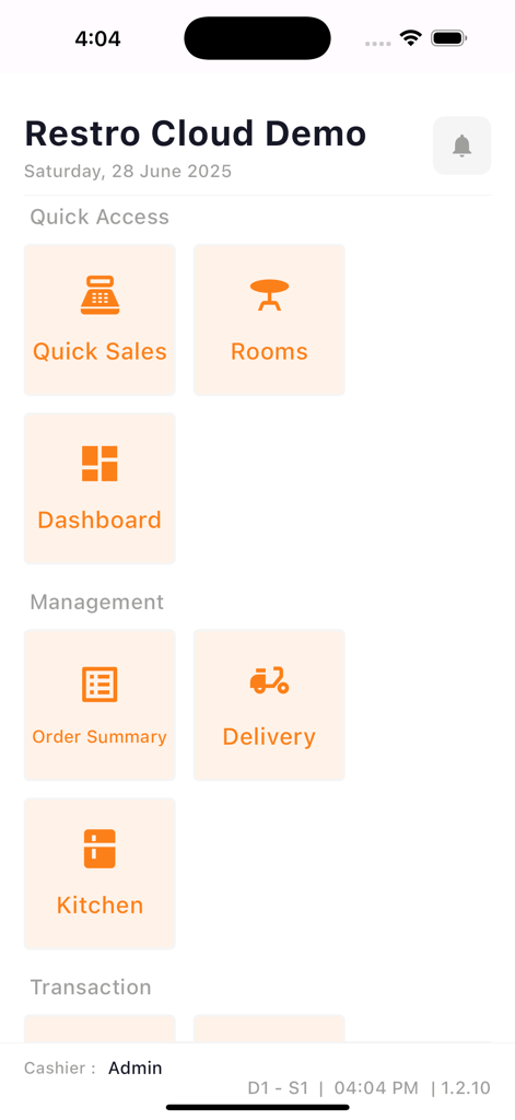 Restro POS app dashboard showing quick access and management options for restaurant owners